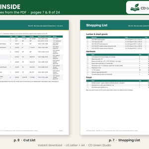 May include: A digital document preview titled LOOK INSIDE showing pages 7 and 8 of a 24-page PDF. The left page displays a Cut List table for a Neo Deco Bar Cabinet, while the right page shows a Shopping List for lumber, hardware, and finish.