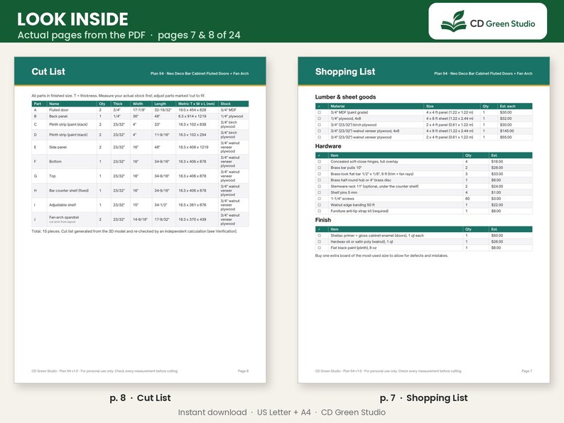 May include: A digital document preview titled LOOK INSIDE showing pages 7 and 8 of a 24-page PDF. The left page displays a Cut List table for a Neo Deco Bar Cabinet, while the right page shows a Shopping List for lumber, hardware, and finish.