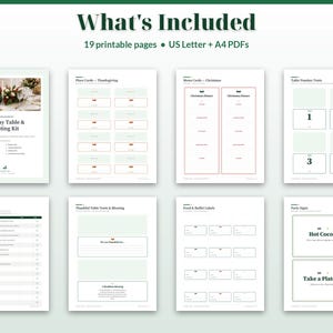 May include: A digital holiday table and hosting kit featuring 19 printable pages in US Letter and A4 formats. The collection includes place cards, menu cards, table number tents, a dinner day timeline, table tents, and party signs.