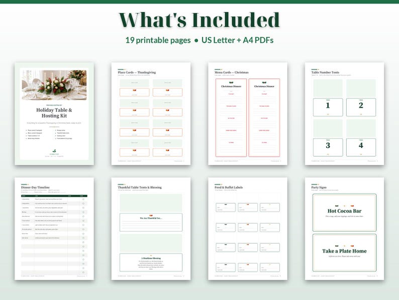 May include: A digital holiday table and hosting kit featuring 19 printable pages in US Letter and A4 formats. The collection includes place cards, menu cards, table number tents, a dinner day timeline, table tents, and party signs.