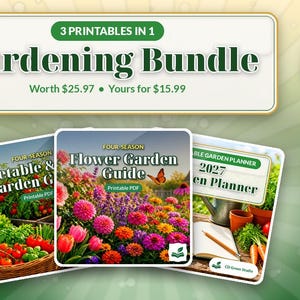 Op de afbeelding: Een digitaal tuinierpakket met drie printbare gidsen: Vegetable & Garden Guide, Flower Garden Guide en 2027 Garden Planner. De tekst luidt 3 Printables in 1 Gardening Bundle, Bundle Save 38% en CD Green Studio.