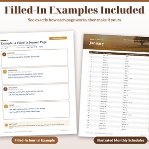 May include: Two printed journal pages featuring a filled-in example with sections for Scripture, Observation, Application, and Prayer, alongside a monthly schedule for January with daily Bible reading assignments and checkboxes.