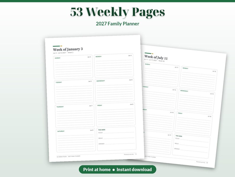 May include: Two white paper pages from a 2027 family planner featuring 53 weekly pages. Each page includes a weekly layout with lined sections for Sunday through Saturday, plus a "This Week" focus, goals, and notes section. Text reads 53 Weekly Pages.