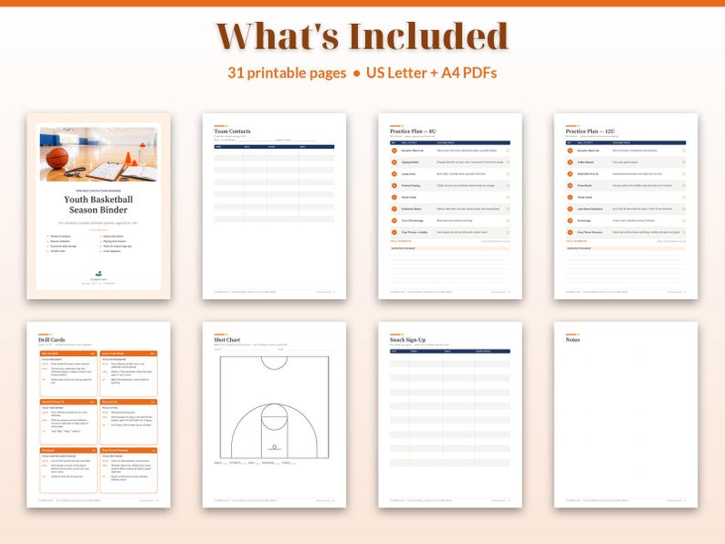 Puede incluir: Un conjunto digital de 31 p&aacute;ginas imprimibles para una carpeta de temporada de baloncesto juvenil. Incluye formatos PDF en tama&ntilde;o carta de EE. UU. y A4. Las p&aacute;ginas incluyen plantillas para contactos de equipo, planes y gr&aacute;ficos.