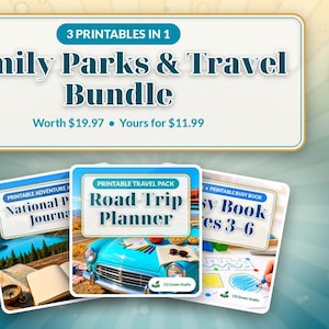 Puede incluir: Un paquete digital con tres documentos imprimibles: un diario de parque nacional, un planificador de viajes con un coche azul y un libro de actividades para ni&ntilde;os de 3 a 6 a&ntilde;os. El texto dice 3 Printables in 1 Family Parks & Travel Bundle.