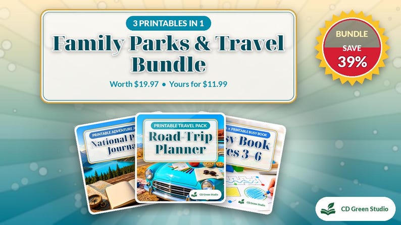 Puede incluir: Un paquete digital con tres documentos imprimibles: un diario de parque nacional, un planificador de viajes con un coche azul y un libro de actividades para ni&ntilde;os de 3 a 6 a&ntilde;os. El texto dice 3 Printables in 1 Family Parks & Travel Bundle.