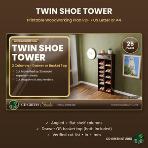 Plany wież na buty do druku, Plany wysokich stojaków na buty w formacie PDF, Górna część szuflady lub kosza, Półki kątowe i płaskie, Przedpokój DIY, Format Letter/A4 zdjęcie 1