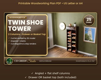 Printable Twin Shoe Tower Plans, Tall Shoe Rack Woodworking Plan PDF, Drawer or Basket Top, Angled + Flat Shelves, Entryway DIY, Letter/A4