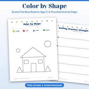 May include: Two printable activity pages titled Color by Shape and Cutting Practice: Straight Lines. The first page features a house outline with a color key, while the second page displays horizontal dashed lines for cutting exercises.