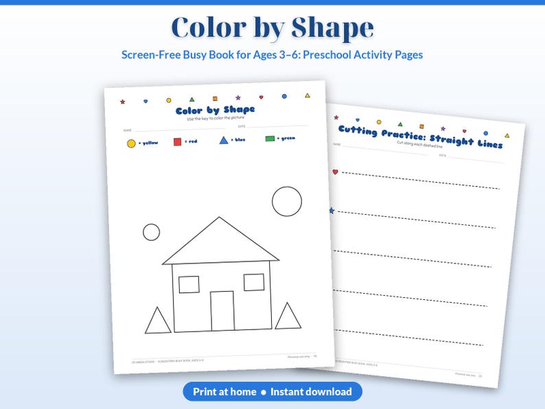May include: Two printable activity pages titled Color by Shape and Cutting Practice: Straight Lines. The first page features a house outline with a color key, while the second page displays horizontal dashed lines for cutting exercises.