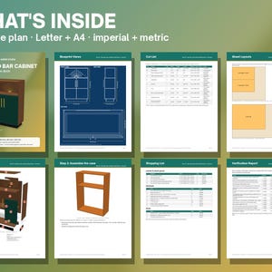May include: A 24-page digital plan for a Neo Deco bar cabinet with fluted doors and a fan arch. The document includes blueprint views, a cut list, sheet layouts, an exploded view, assembly steps, a shopping list, and a verification report.
