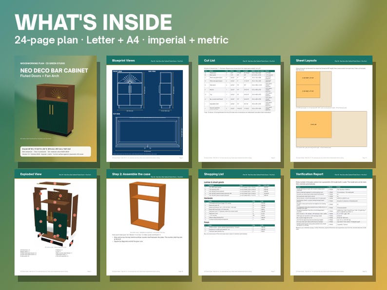 May include: A 24-page digital plan for a Neo Deco bar cabinet with fluted doors and a fan arch. The document includes blueprint views, a cut list, sheet layouts, an exploded view, assembly steps, a shopping list, and a verification report.