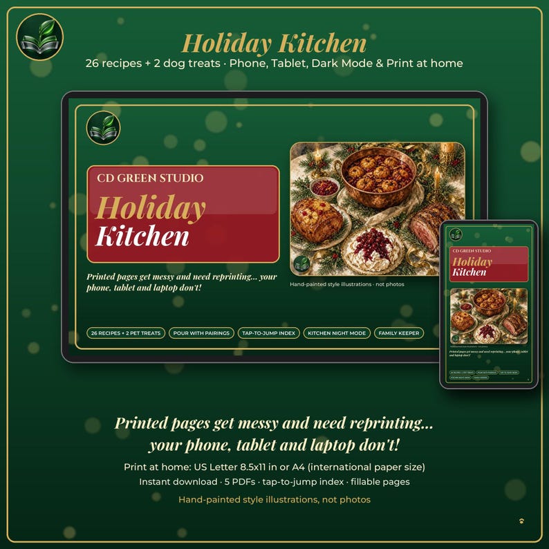 Printable Holiday Cookbook, 26 Christmas Recipes, Wine Pairings, Painted Art, Phone Tablet Dark Mode, Print Letter or A4, Dog Treats image 1