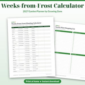 May include: A 2027 garden planner titled Weeks-from-Frost Calculator by Growing Zone. The document includes a Weeks-from-Frost Planting Calculator table with crop data and a Seed & Plant Shopping List with checkboxes for supplies and tools.