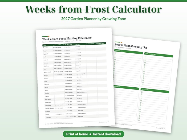 May include: A 2027 garden planner titled Weeks-from-Frost Calculator by Growing Zone. The document includes a Weeks-from-Frost Planting Calculator table with crop data and a Seed & Plant Shopping List with checkboxes for supplies and tools.