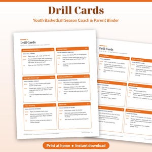 Puede incluir: Dos p&aacute;ginas blancas tituladas Drill Cards para una carpeta de entrenador y padres de baloncesto juvenil. Las p&aacute;ginas presentan recuadros con bordes naranjas que contienen ejercicios con instrucciones en negro.