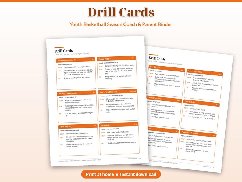 Puede incluir: Dos p&aacute;ginas blancas tituladas Drill Cards para una carpeta de entrenador y padres de baloncesto juvenil. Las p&aacute;ginas presentan recuadros con bordes naranjas que contienen ejercicios con instrucciones en negro.