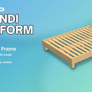 May include: A woodworking plan for a Japandi platform bed, a low queen frame. The document includes a cut list verified by a 3D model, imperial and metric measurements, cut diagrams, and step renders across 21 pages by CD Green Studio.