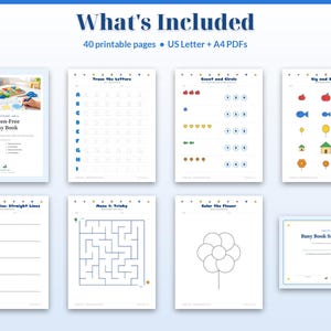 May include: A digital educational activity set titled Screen-Free Busy Book, featuring 40 printable pages in US Letter and A4 formats. The collection includes worksheets for tracing letters, counting, identifying sizes, cutting practice, mazes, and coloring.