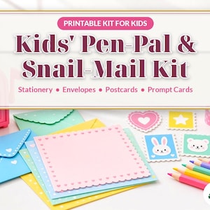 Puede incluir: Un kit imprimible para ni&ntilde;os titulado Kids' Pen-Pal & Snail-Mail Kit, que incluye papeler&iacute;a, sobres, postales y tarjetas de ideas. Contiene un buz&oacute;n rosa, papel de colores, pegatinas con caras de animales, cinta washi y l&aacute;pices de colores.