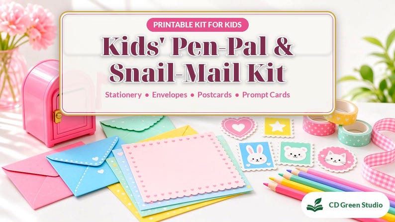 Puede incluir: Un kit imprimible para ni&ntilde;os titulado Kids' Pen-Pal & Snail-Mail Kit, que incluye papeler&iacute;a, sobres, postales y tarjetas de ideas. Contiene un buz&oacute;n rosa, papel de colores, pegatinas con caras de animales, cinta washi y l&aacute;pices de colores.