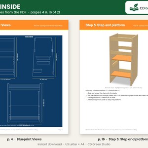 May include: A digital document preview showing two pages of a woodworking plan for a learning tower. Page 4 displays technical blueprint views with dimensions in inches, while page 16 illustrates step 5 for assembling the step and platform.