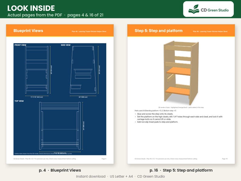May include: A digital document preview showing two pages of a woodworking plan for a learning tower. Page 4 displays technical blueprint views with dimensions in inches, while page 16 illustrates step 5 for assembling the step and platform.