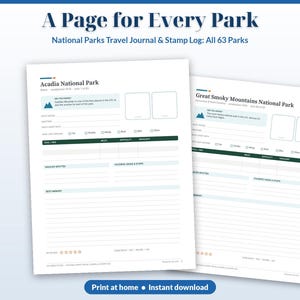 May include: Two white pages from a National Parks travel journal and stamp log titled A Page for Every Park. The pages feature templates for Acadia National Park and Great Smoky Mountains National Park with fields for dates, activities, and notes.