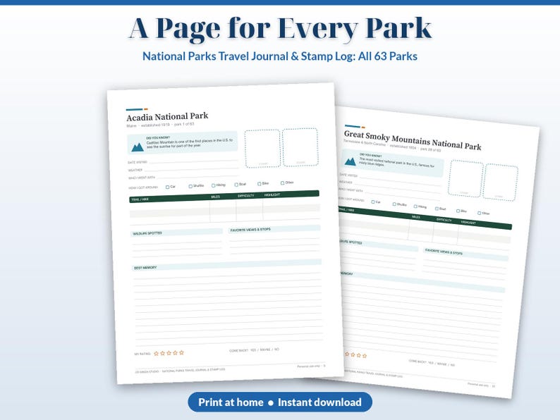 May include: Two white pages from a National Parks travel journal and stamp log titled A Page for Every Park. The pages feature templates for Acadia National Park and Great Smoky Mountains National Park with fields for dates, activities, and notes.