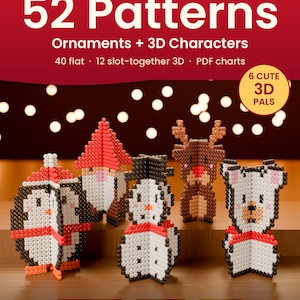 52 Christmas Perler Bead Patterns, 3D Fuse Bead Ornaments + Cute Characters, Snowman Penguin Gnome, Printable Pegboard Charts PDF