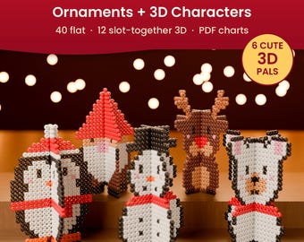 52 Christmas Perler Bead Patterns, 3D Fuse Bead Ornaments + Cute Characters, Snowman Penguin Gnome, Printable Pegboard Charts PDF