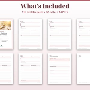 May include: A 90-day gratitude and prayer journal digital product featuring 110 printable pages in US Letter and A4 sizes. The layout includes daily entry sheets for days 18, 23, 37, 50, and 64, a weekly reflection page, and a notes page.