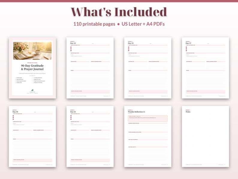 May include: A 90-day gratitude and prayer journal digital product featuring 110 printable pages in US Letter and A4 sizes. The layout includes daily entry sheets for days 18, 23, 37, 50, and 64, a weekly reflection page, and a notes page.