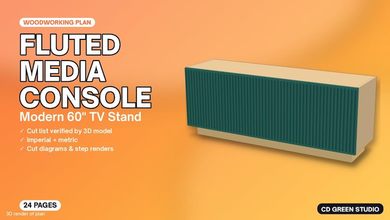 Może przedstawiać: Plan stolarski dla 152-centymetrowej ryflowanej konsoli pod telewizor. Dokument zawiera tekst Woodworking Plan, Fluted Media Console, Modern 60" TV Stand, 24 Pages oraz CD Green Studio, a także tr&oacute;jwymiarowy render mebla.
