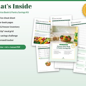 May include: A Grocery Price Book & Pantry Savings Kit with 45 pages, including a unit-price cheat sheet, 12 price-book pages, pantry and freezer inventory, a meal grid, a 30-day savings challenge, and a gas and errand tracker in US Letter.