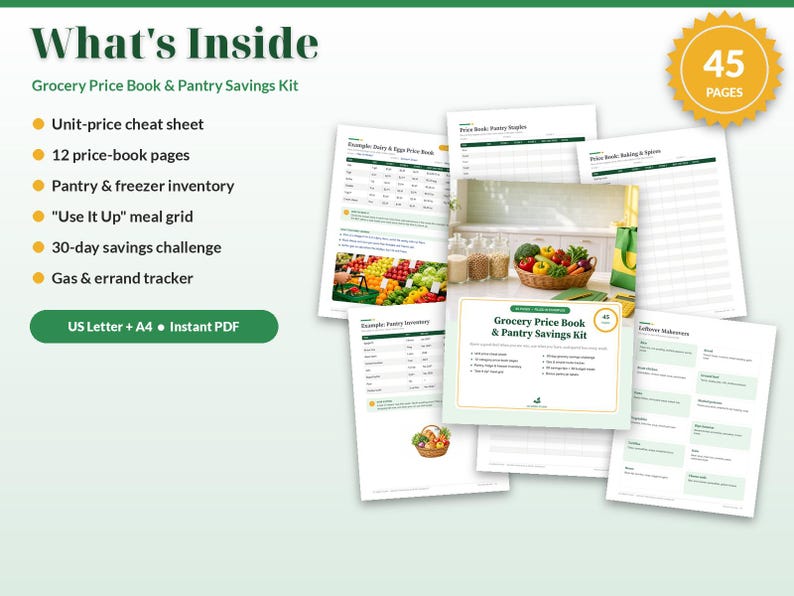 May include: A Grocery Price Book & Pantry Savings Kit with 45 pages, including a unit-price cheat sheet, 12 price-book pages, pantry and freezer inventory, a meal grid, a 30-day savings challenge, and a gas and errand tracker in US Letter.