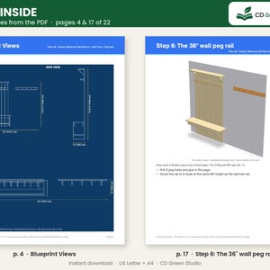 Peut inclure: Un document de plan de menuiserie intitul&eacute; Look Inside CD Green Studio. La page 4 pr&eacute;sente des vues de plan d'un ensemble de vestiaire Shaker avec des dimensions en pouces et mm. La page 17 d&eacute;taille l'&eacute;tape 6 pour une pat&egrave;re murale de 36 pouces.