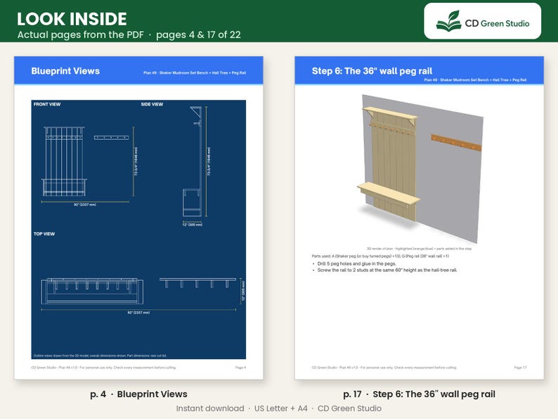 Peut inclure: Un document de plan de menuiserie intitul&eacute; Look Inside CD Green Studio. La page 4 pr&eacute;sente des vues de plan d'un ensemble de vestiaire Shaker avec des dimensions en pouces et mm. La page 17 d&eacute;taille l'&eacute;tape 6 pour une pat&egrave;re murale de 36 pouces.