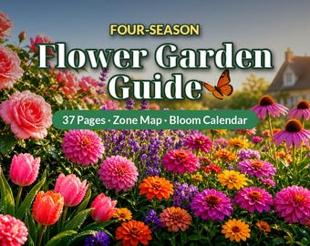 May include: A Four-Season Flower Garden Guide featuring 37 pages, a zone map, and a bloom calendar. The text is overlaid on a vibrant garden scene with pink roses, tulips, dahlias, purple lavender, orange flowers, and a butterfly.