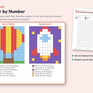 Peut inclure: Un ensemble de fiches p&eacute;dagogiques Color by Number repr&eacute;sentant une montgolfi&egrave;re et une fus&eacute;e sur une grille. Le document comprend des cl&eacute;s de couleurs avec des &eacute;quations math&eacute;matiques, des comptes de carr&eacute;s et une page imprimable.