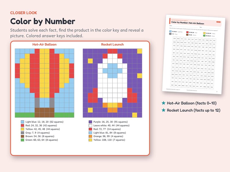 Peut inclure: Un ensemble de fiches p&eacute;dagogiques Color by Number repr&eacute;sentant une montgolfi&egrave;re et une fus&eacute;e sur une grille. Le document comprend des cl&eacute;s de couleurs avec des &eacute;quations math&eacute;matiques, des comptes de carr&eacute;s et une page imprimable.