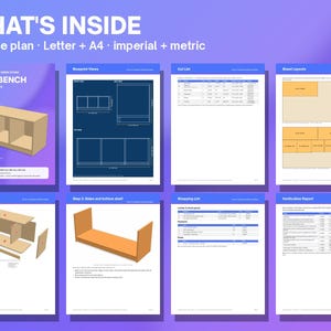 May include: A 21-page digital woodworking plan for an entry bench with shoe cubbies. The document includes blueprint views, a cut list, sheet layouts, an exploded view, assembly steps, a shopping list, and a verification report in imperial and metric.