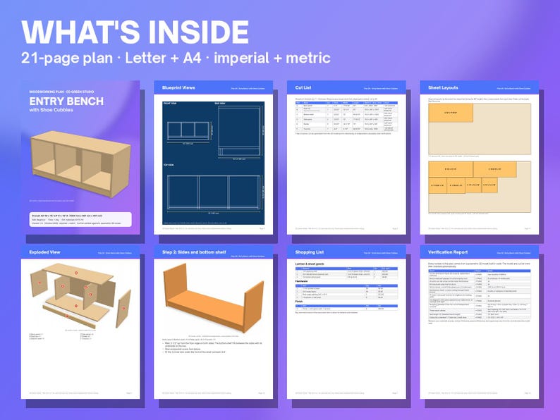 May include: A 21-page digital woodworking plan for an entry bench with shoe cubbies. The document includes blueprint views, a cut list, sheet layouts, an exploded view, assembly steps, a shopping list, and a verification report in imperial and metric.