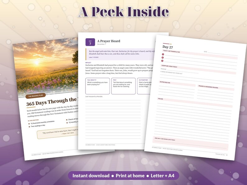 May include: Three pages from a devotional journal titled 365 Days Through the Bible. The pages feature a sunrise landscape, a daily reading titled A Prayer Heard, and a structured template for Day 27 with lines for gratitude and prayer.