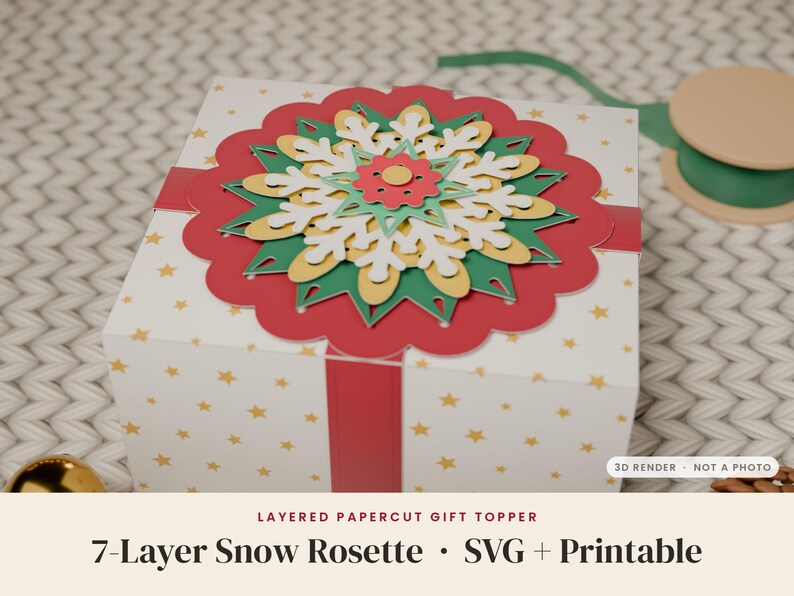 May include: A white gift box with gold stars features a layered papercut snow rosette topper in red, green, yellow, and white. A red ribbon wraps around the box. Text on the image reads: LAYERED PAPERCUT GIFT TOPPER 7-Layer Snow Rosette SVG + Printable.