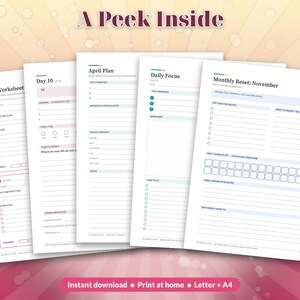 May include: Five white planner pages with black text and colored accents. The pages include headers like Goal Worksheet, Day 10, April Plan, Daily Focus, and Monthly Reset: November. The text A Peek Inside is at the top, and Instant download at the bottom.