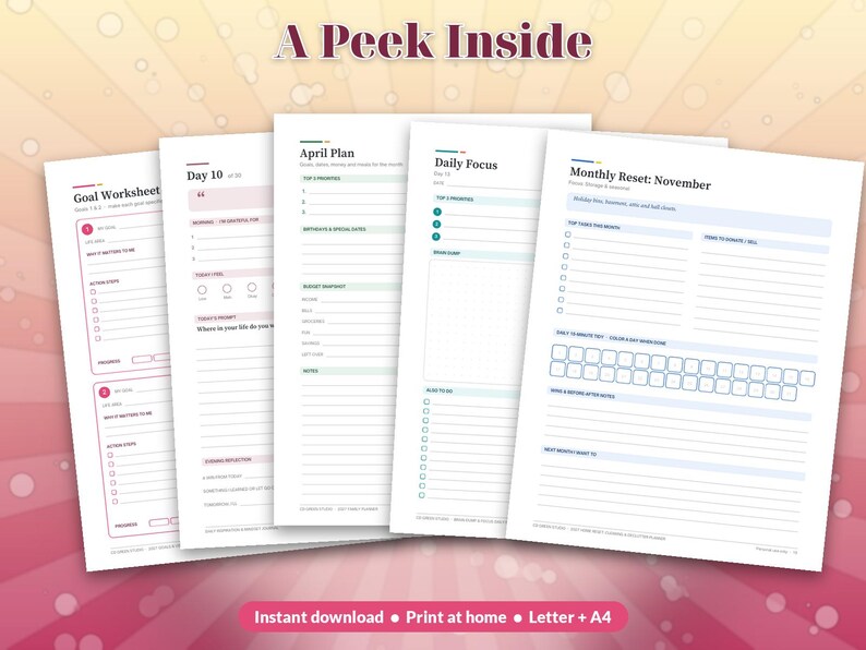 May include: Five white planner pages with black text and colored accents. The pages include headers like Goal Worksheet, Day 10, April Plan, Daily Focus, and Monthly Reset: November. The text A Peek Inside is at the top, and Instant download at the bottom.