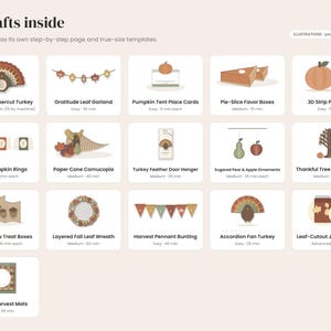 K&ouml;nnte beinhalten: Ein digitaler Bastelratgeber mit dem Titel 16 crafts inside, der Illustrationen saisonaler Projekte zeigt, darunter ein geschichteter Papiertruthahn, eine Blattgirlande, K&uuml;rbis-Platzkarten, Tortenschachteln, 3D-K&uuml;rbisse und Weizen-Serviettenringe.