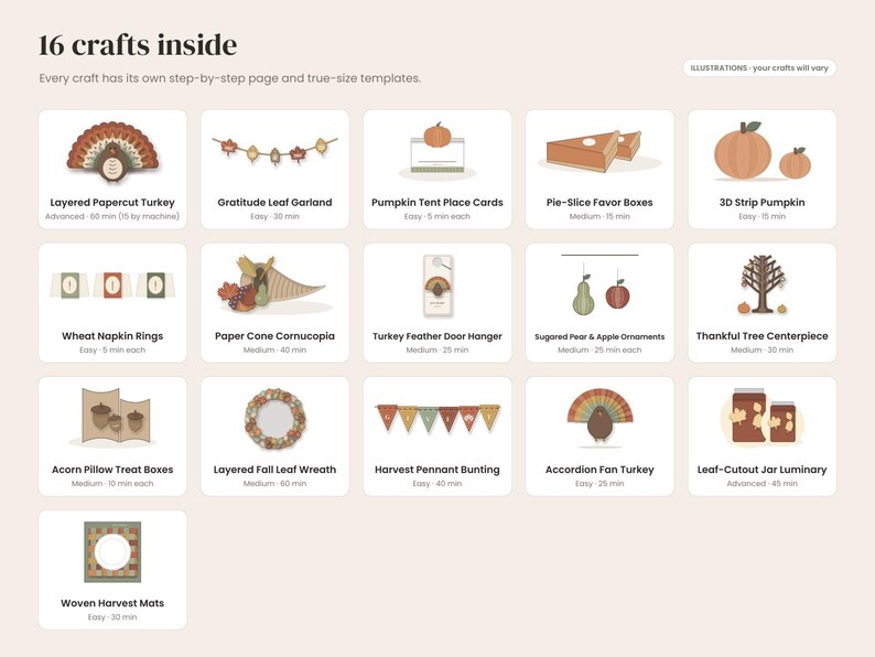 K&ouml;nnte beinhalten: Ein digitaler Bastelratgeber mit dem Titel 16 crafts inside, der Illustrationen saisonaler Projekte zeigt, darunter ein geschichteter Papiertruthahn, eine Blattgirlande, K&uuml;rbis-Platzkarten, Tortenschachteln, 3D-K&uuml;rbisse und Weizen-Serviettenringe.