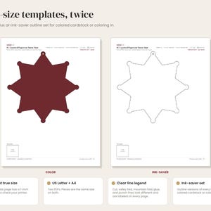 Puede incluir: Dos plantillas imprimibles para un adorno en forma de estrella. El lado izquierdo muestra una estrella s&oacute;lida de color rojo oscuro, mientras que el derecho muestra un contorno negro de la misma estrella. Incluye el texto True-size templates, twice.